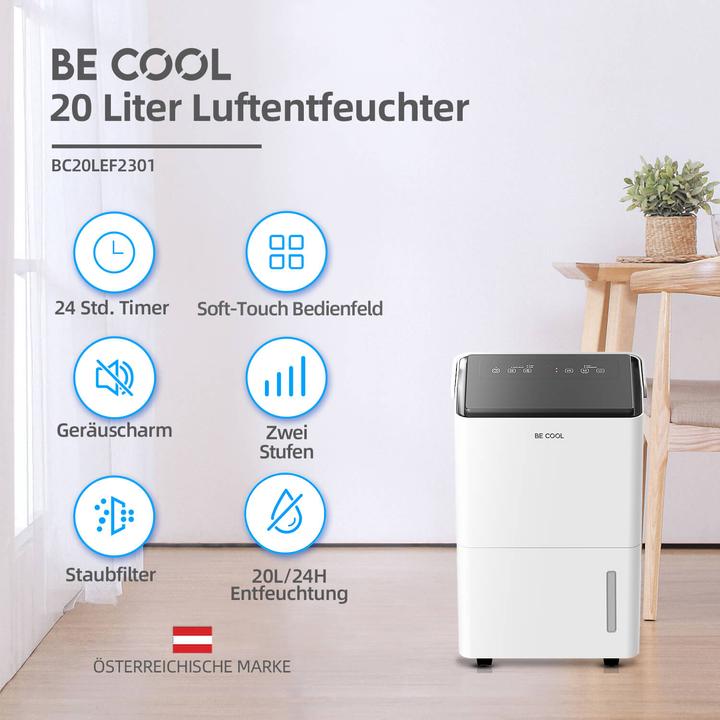 Produktbild Be Cool BC20LEF2301 Luftentfeuchter 20m² 400W 20 l/Tag Weiss, Grau (20 m², 20 l/24h)