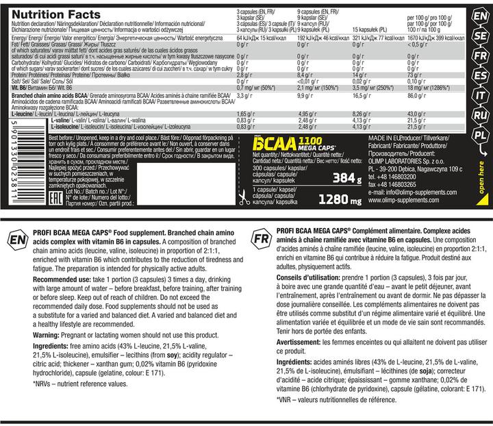 Valeurs nutritives et ingrédients Olimp Sport Nutrition Profi BCAA Mega Caps (120 caps, 132g) (120 pièce(s), Capsules, 132 g)