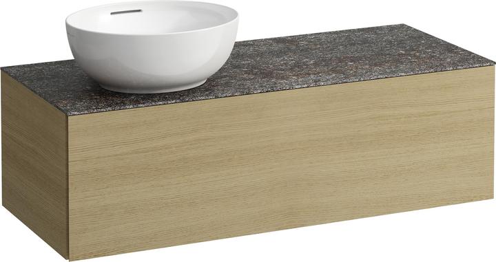 Actual product image Laufen Il Bagno Alessi drawer unit, 1 tap hole, stone top Marrone Naturale, cutout left, 120x50x37cm