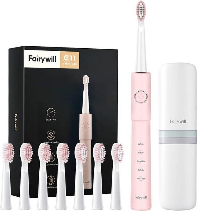 Immagine prodotto Fairywill Spazzolino sonico con set di testine e custodia FW-E11 (rosa) (Spazzolino sonico)