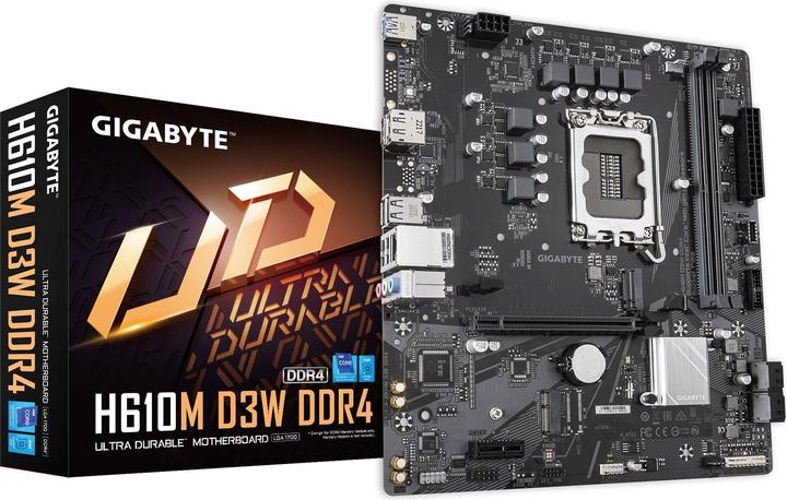 Actual product image Gigabyte H610M D3W DDR4 Motherboard - Supports 14th Gen. Intel Core CPUs, 5+1+1 phases VRM, up to 3200MHz DDR (LGA 1700, Intel H610, mATX)
