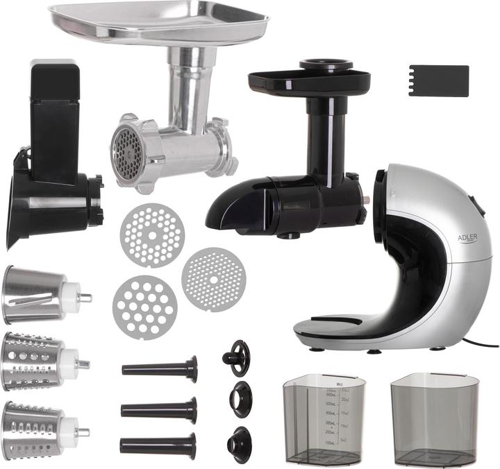 Actual product image Adler AD 4131 Slow-speed juicer 3in1 - Meat mincer, Juicer, Vegetable grater, Stainless Steel (EU plug)