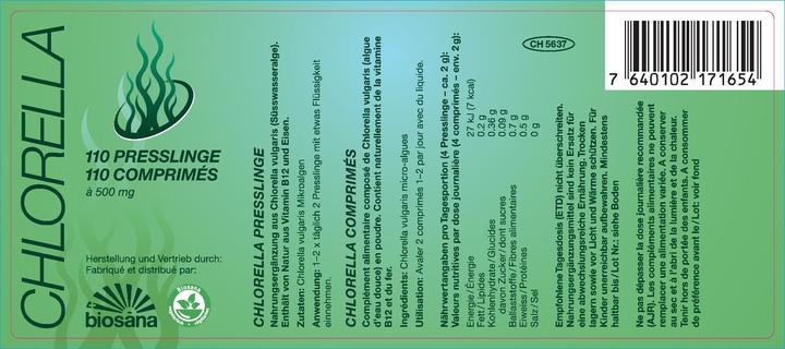 Valeurs nutritives et ingrédients Biosana Chlorella (110 pièce(s), Cachets, 75 g)