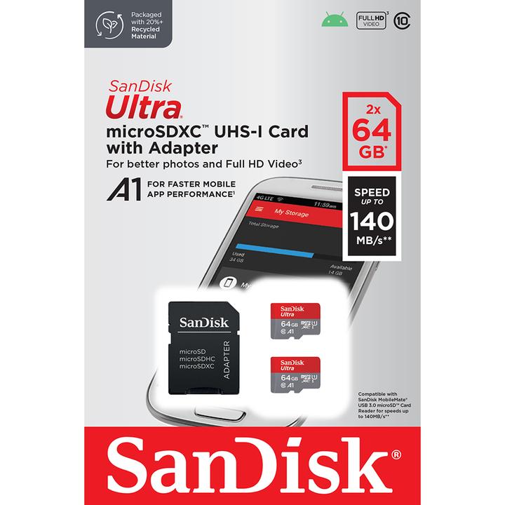 Actual product image SanDisk Ultra mit Adapter (2-Pack) (64 GB, microSDXC, U1, UHS-I)