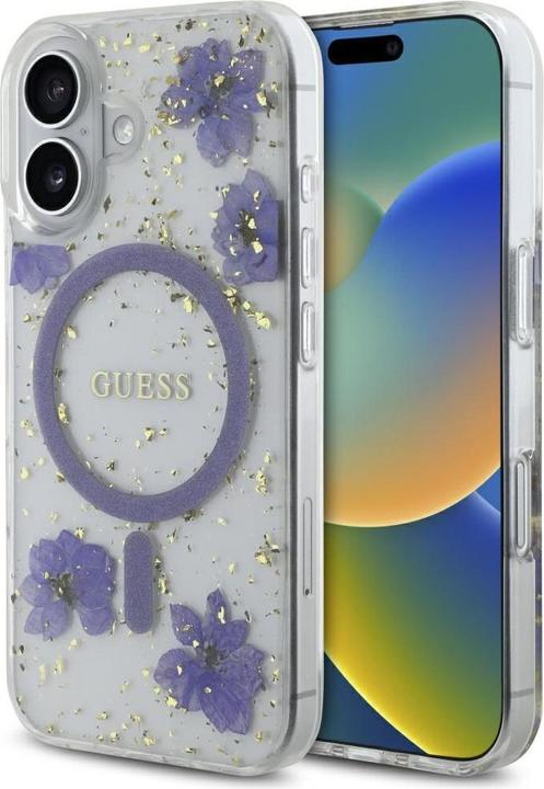 Produktbild Guess Case Resin Flowers Glitter MagSafe for iPhone 16 purple (Apple iPhone 16)