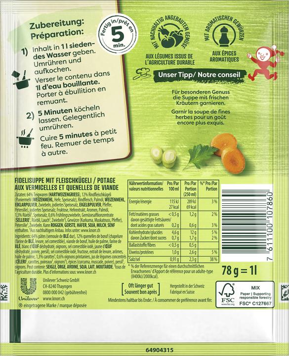 Valori nutrizionali e ingredienti Knorr Fidelisuppe con polpette, sacchetto di zuppa con polpette succose, fideli e verdure pregiate