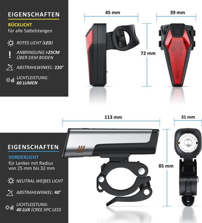 Produktbild Aplic Fahrradbeleuchtung, Velobeleuchtung, Fahrradlampenset, 2600mAh Frontlicht & 180mAh Rücklicht, 40 Lux (20 lm)