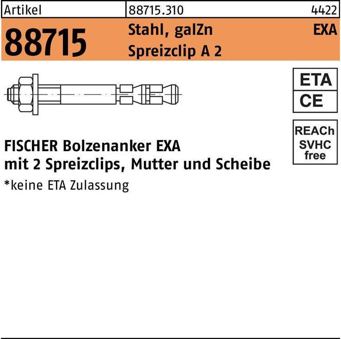 Produktbild Fischer Bolzenanker R 88715 EXA 10/ 45 Stahl galvanisch verzinkt/Spreizclip A 2 (50 Stk.)