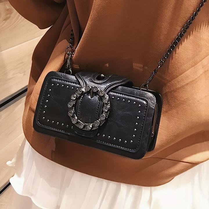 Produktbild Only-Bags.Store Mode Retro-Kupplungstasche Nieten-Motorradtasche Ketten-Umhängetasche Schwarze Handytasche