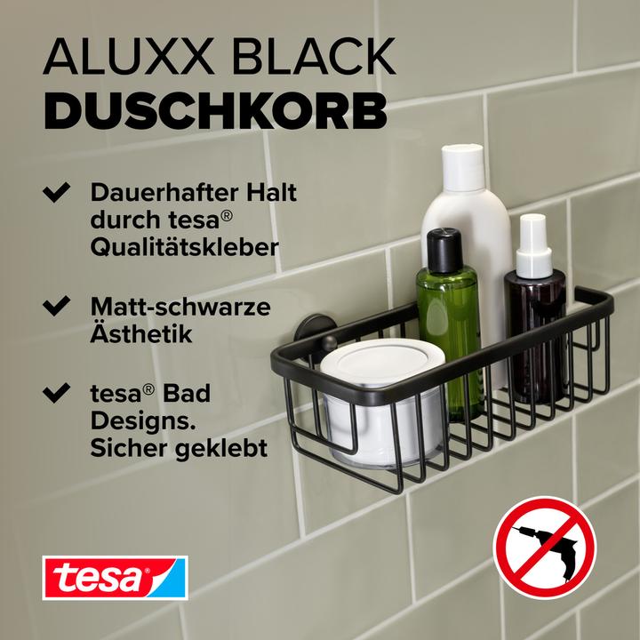 Produktbild tesa ALUXX BLACK Duschkorb inkl. Klebelösung ohne Bohren (25 x 12.5 x 9.5 cm)