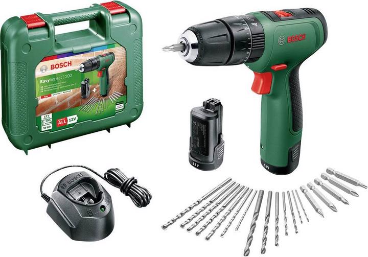 EasyImpact 1200 - 2 batterie da 1,5 Ah - set di punte per avvitare e punte per trapano - caricabatterie GAL 1210CV - custodia
