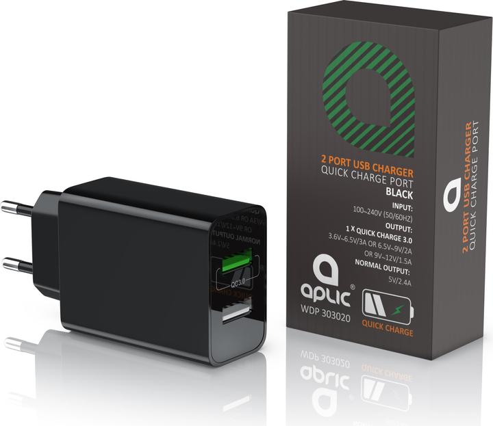 Immagine prodotto Aplic Caricatore USB 3000 mA, 2 porte, 30W, funzione di ricarica rapida Quick Charge 3.0 (QC 3.0), nero (30 W)