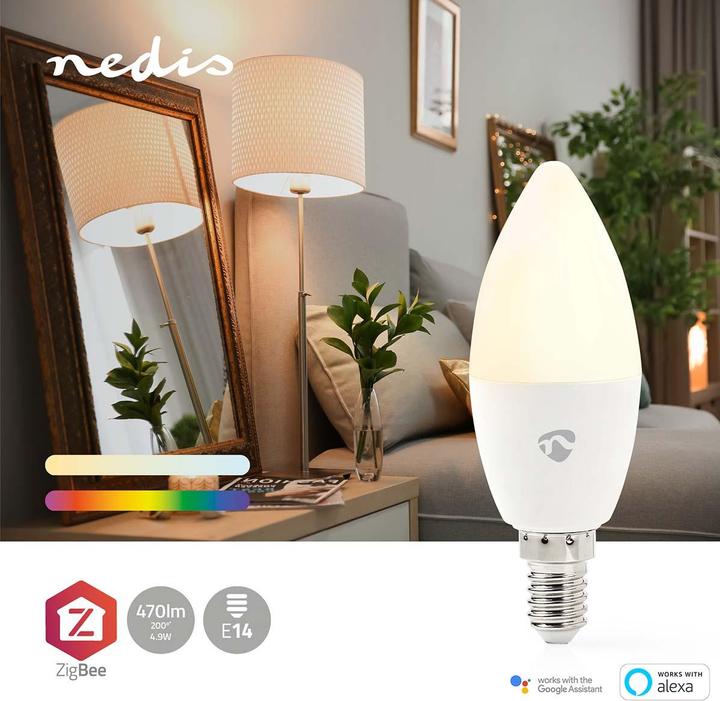 Produktbild Nedis SmartLife Vollfärbige LED-Lampe | Zigbee 3.0 | E14 | 470 lm | 4.9 W | RGB / Warm bis kühlen we (E14, 4.90 W, 470 lm, 1 x, F)