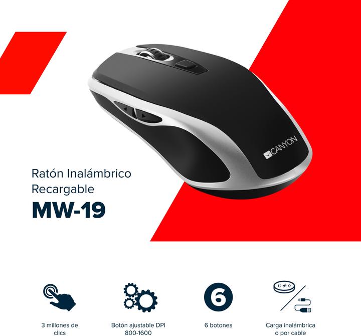 Immagine prodotto Canyon Mouse ricaricabile senza fili a 2,4 GHz con sensore Pixart, 6 tasti, silenzioso a destra (Senza fili)