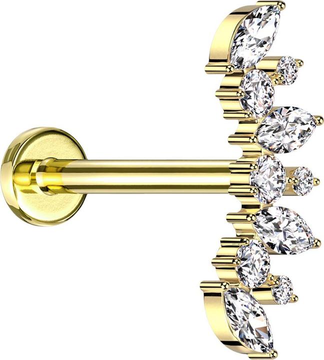 Star Piercing Micro Labret Innengewinde vergoldet Fächer vergoldet vier Ovale und sechs runde Kristalle silber (ohne Messing, Titan G23)