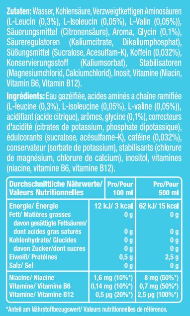 Valeurs nutritives et ingrédients Bang Boisson énergisante (24 x 500ml) (Vanille, Cherry, Mangue, Pêche, 24 x)