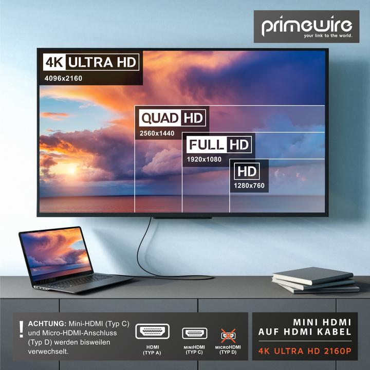 Actual product image Primewire Mini HDMI to HDMI cable, Type C to Type A, 4K miniHDMI adapter cable 3840 x 2160 @ 60 Hz, HDR, ARC (2 m, HDMI)
