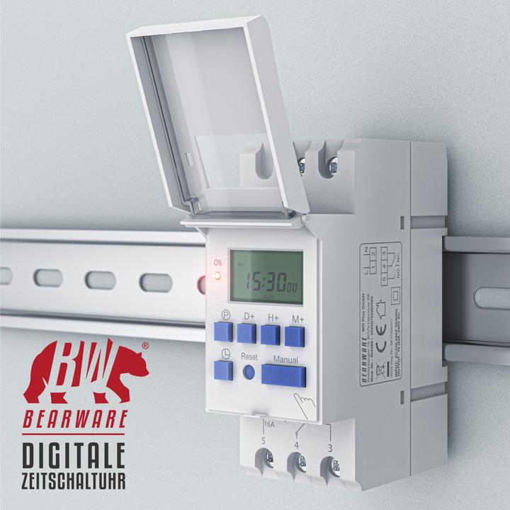 Produktbild Bearware Zeitschaltuhr digital für DIN Hutschienen im Verteilerschrank / Schalttafeln, LCD Display, 16A/3650W