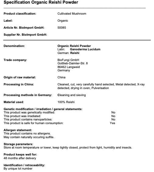 Nährwerte und Zutaten Zimmerli Adaptogene Reishi Pulver (BIO) (1 Stück, Pulver, 100 g)