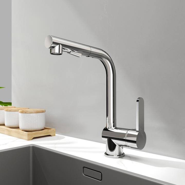 Produktbild Emke Küchenarmatur mit Ausziehbare Brause 2 Strahlarten Spültischarmatur, 60cm Schlauch, Chrom