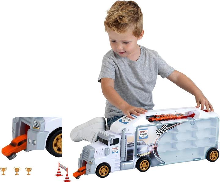 Produktbild Theo Klein 2837 Bosch Car Service Sammelkoffer Truck mit integrierter Abfahrtsrampe | 26 Staufächer | Coole Ram