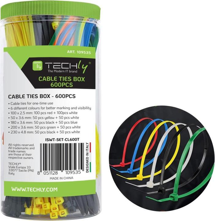 Immagine prodotto Techly Scatola di fascette colorate da 600 pezzi (Fascette in plastica, 255 mm, 600 pz.)