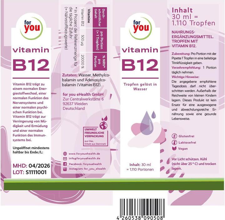 Nutritional values and ingredients For You Vitamin B12 liquid (1 Piece, Liquid)