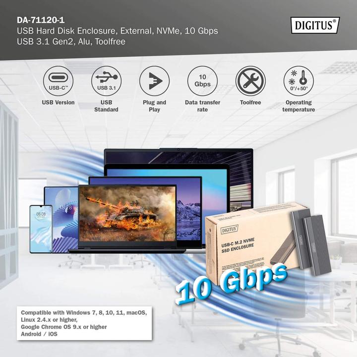 Produktbild Digitus USB M.2 Festplattengehäuse, SSD, extern, NVMe, 10Gbps, USB 3.1 Gen2, Aluminium, toolfree (M.2 2280, M.2 2230, M.2 2260, M.2 2242)