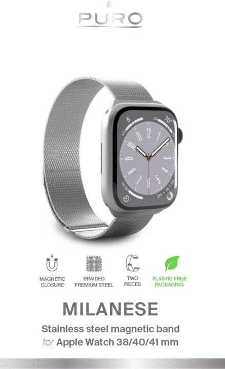Immagine prodotto Puro Fascia magnetica milanese - Pasek ze stali nierdzewnej do Apple Watch 38/40/41 mm (srebrny) (38 mm, 40 mm, 41 mm, Acciaio inossidabile, Apple Watch Series 1, Apple Watch Series 2, Apple Watch Series 3, Apple Watch Serie 4, Apple Watch Serie 5, Apple Watch Serie 6, Apple Watch Series 7, Apple Watch Series 8, Apple Watch Series 9, Apple Watch SE)