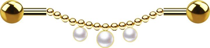 Actual product image Star Piercing Barbell gold-plated two balls chain three pearls white (Surgical steel 316L, without brass)