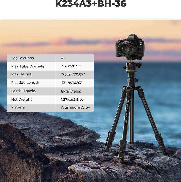 Actual product image K&F Concept K234A3+BH-36L +Phone Clip Magnesium Aluminum Alloy Tripod (Metal)