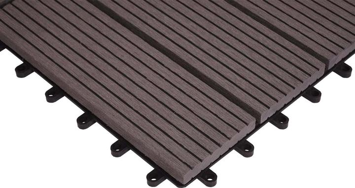 Produktbild Swisshandel24 WPC Eck-Bodenfliese Rhone + Abschluss, Holzoptik Terrasse, 30x30cm Premium Ecke rechts, grau linea (1 x, 30 x 30 cm)