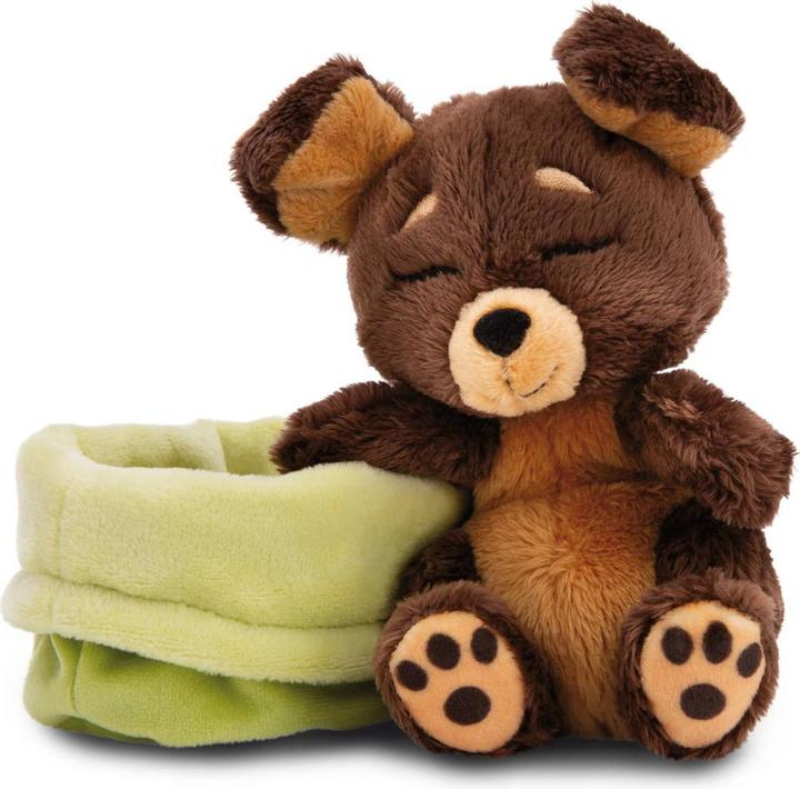 Produktbild NICI Kuscheltier Sleeping Pets brauner Hund im grünen Körbchen GREEN (11 cm)