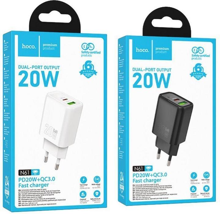 Actual product image Hoco Adapter wall charger USB A + Type C PD QC3.0 3A 20W N61 white (20 W)