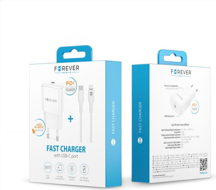 Immagine prodotto Forever TC-01-20AC Caricatore PD QC 1x USB-C 1x USB 20W bianco + cavo USB-C - Lightning 20W (20 W)
