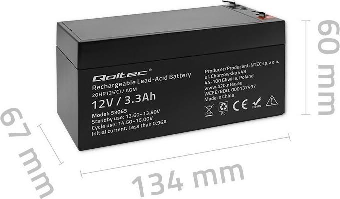 Produktbild Qoltec AGM 53065 (12 V, 3.30 Ah)