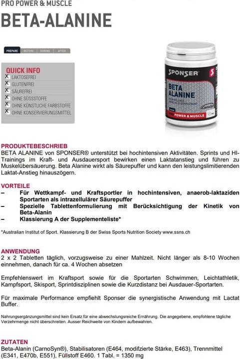 Nutritional values and ingredients Sponser Beta Alanine (1 Piece, Pills, 189 g)