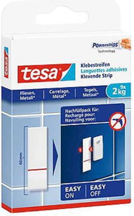 Produktbild tesa Powerstrips für Fliesen & Metall, 2kg Halteleistung, 9x doppelseitige Klebestreifen