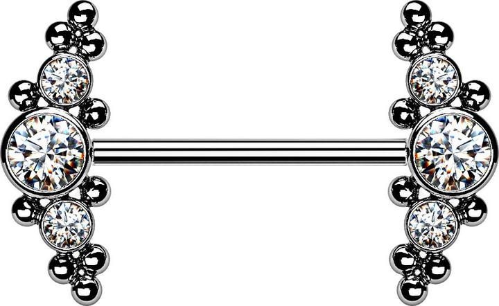 Actual product image Star Piercing Threadless Barbell silber front mittig mit Kugeln und drei Kristalle silber (without brass, Titanium G23)