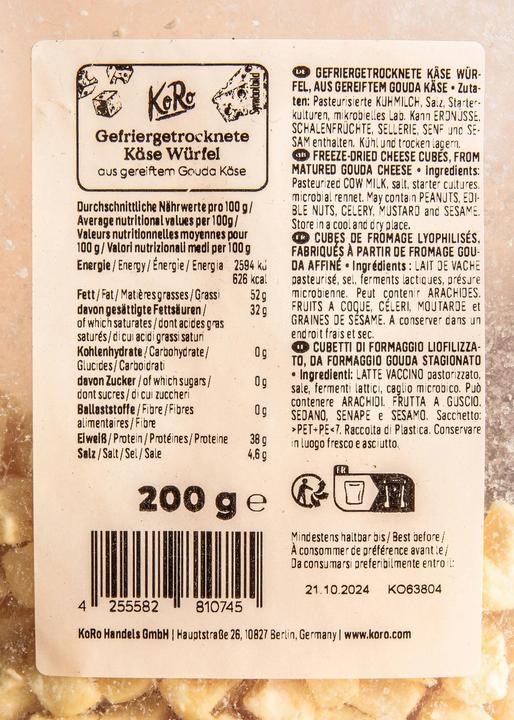 Nutritional values and ingredients KoRo Freeze-dried cheese cubes, made from mature Gouda cheese (200 g)