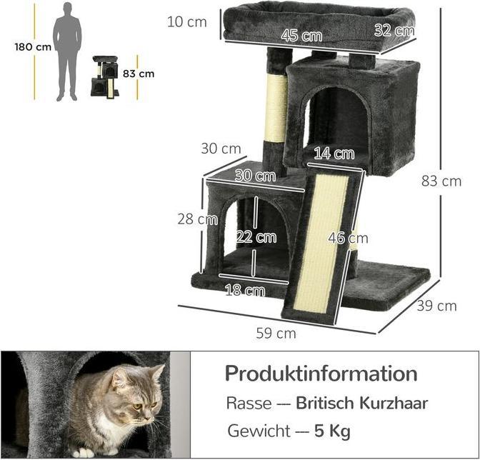 Produktbild Swisshandel24 Katzenbaum mit Sisalsäulen, Katzenkratzbaum, Katzen Kletterbaum, Katzenbaum, Dunkelgrau, 59 x 39 x 8 (83 cm, Dunkelgrau)