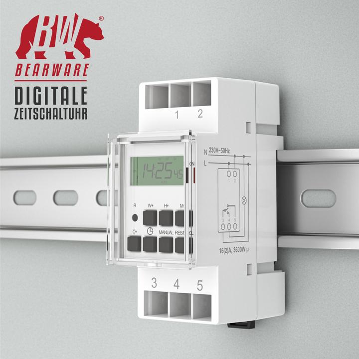 Produktbild Bearware Zeitschaltuhr digital für DIN Hutschienen im Verteilerschrank / Schalttafeln, LCD Display, 16A/3680W