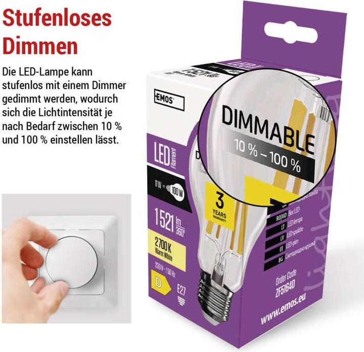Immagine prodotto Emos Filamento della lampada LED (E27, 11 W, 1521 lm, 1 x, D)