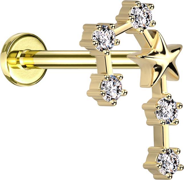 Produktbild Star Piercing Micro Labret Innengewinde vergoldet Sternzeichen Zwillinge mit Kristallen (Chirurgenstahl 316L, Messing)