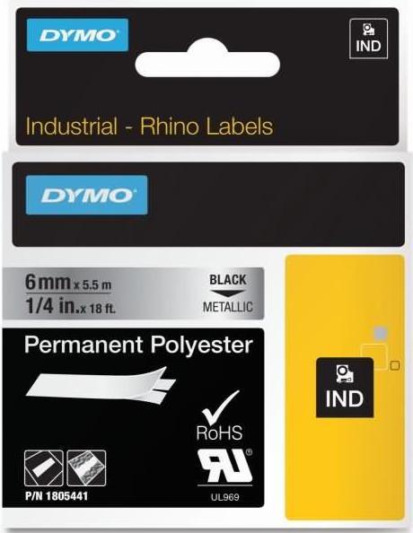 Dymo Rhino 6mm schwa. auf Metallic Perm Poly (0.60 cm, Schwarz)