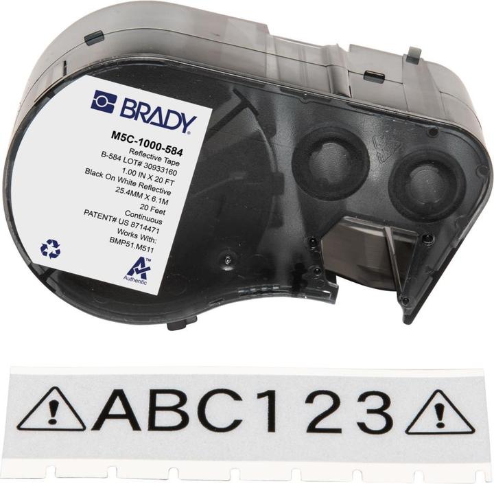 Immagine prodotto Brady M5C-1000-584, nastro in vinile riflettente, nero su bianco, 25,40 mm x 6,10 m, permanente, estremità