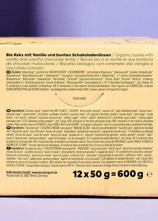 Valeurs nutritives et ingrédients KoRo Biscuit bio à la vanille et aux lentilles de chocolat colorées (1 pcs, 600 g)