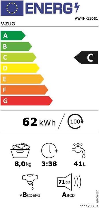 Energie-Label V-Zug AdorinaWaschen V400 (8 kg, Links)