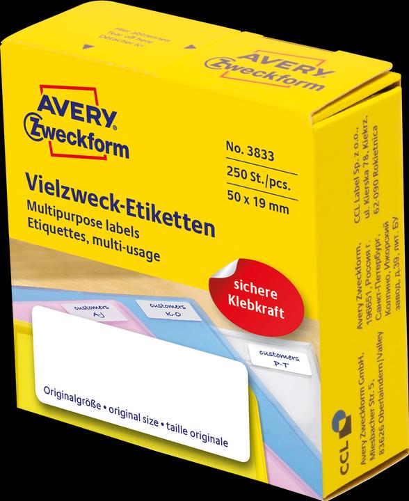 Produktbild Avery 3383 Abgerundetes Rechteck Dauerhaft Weiss 250Stück(e) selbstklebendes Etikett