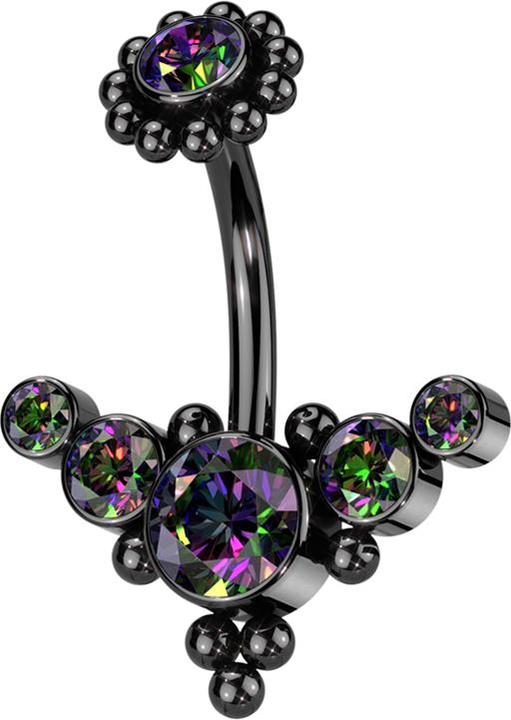 Immagine prodotto Hollywood Body Jewelry Filetto interno a banana nero con fiore a sfera in cristallo nero scuro multicolore e centro (Acciaio chirurgico 316L)